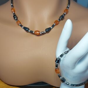 Hematite Set Necklace Bracelet Orange Glass Bead